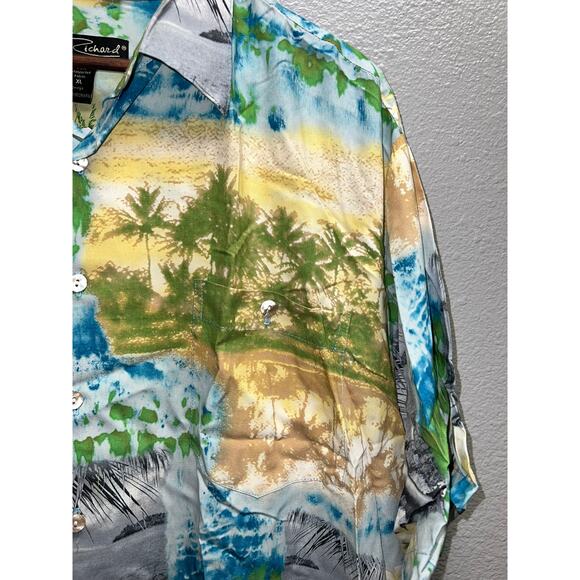 Vintage Tori Richard Hawaii Button Up Shirt Hawaiian Green Blue Multi VTG XL - Picture 2 of 11